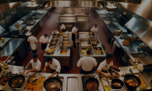 An aerial view of a restaurant kitchen preparing meals for delivery