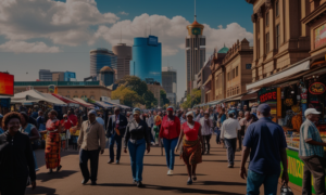 An urban scene in Johannesburg highlighting economic activity and diversity