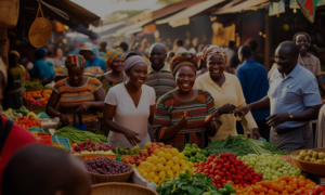 An African market scene with people engaging in commerce