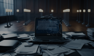 An investigative scene depicting a corporate office with documents and a laptop