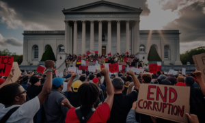 depicting a protest against corruption in front of a government building