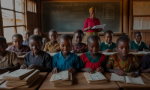 A rural classroom in Africa with children learning about money management