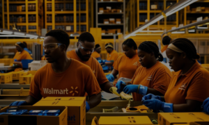 Workers in a local factory assembling products for Walmart