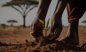 hands planting trees in an African landscape