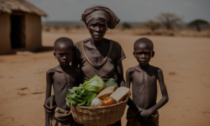 A poignant image of a family struggling to afford basic food items in a rural West African setting