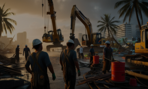 Workers repairing infrastructure in a Southeast Asian city post-typhoon, with heavy machinery and debris