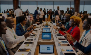 A vibrant tech summit in Nairobi, showcasing African startups with diverse entrepreneurs networking