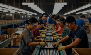 A factory in Asia with workers assembling products, highlighting the impact of global trade