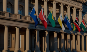 A South African government building with flags