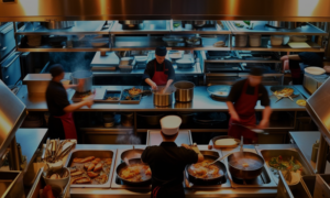 An aerial view of a restaurant kitchen preparing meals for delivery