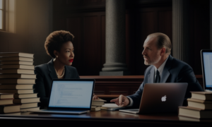 A courtroom scene with lawyers discussing AI copyright cases