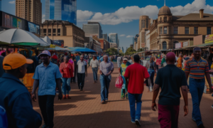 An urban scene in Johannesburg highlighting economic activity and diversity