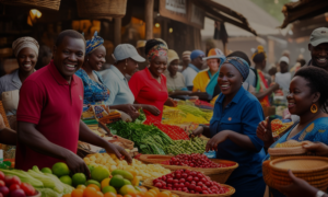 An African market scene with people engaging in commerce