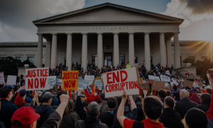 depicting a protest against corruption in front of a government building