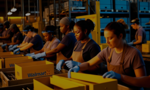 Workers in a local factory assembling products for Walmart