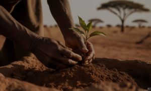 hands planting trees in an African landscape