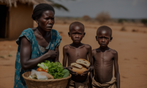 A poignant image of a family struggling to afford basic food items in a rural West African setting