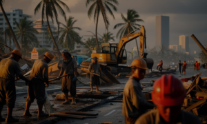 Workers repairing infrastructure in a Southeast Asian city post-typhoon, with heavy machinery and debris