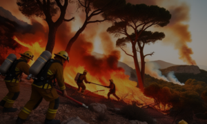 Firefighters battling a forest fire in a Mediterranean landscape