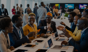 A vibrant tech summit in Nairobi, showcasing African startups with diverse entrepreneurs networking