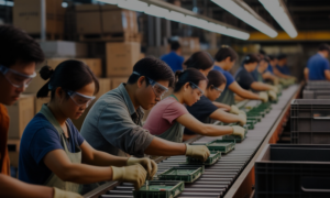 A factory in Asia with workers assembling products, highlighting the impact of global trade