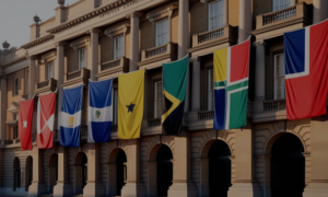 A South African government building with flags