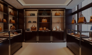 A luxurious Hermès boutique interior, showcasing elegant leather goods and accessories