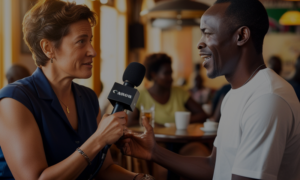 a journalist interviewing a human rights activist in a bustling café in Côte d'Ivoire