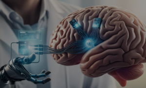 a human brain with visible neural implants connected to a high-tech digital interface, showcasing a seamless blend of organic and mechanical elements