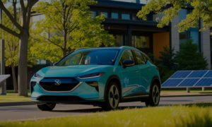 An electric car driving through a vibrant, eco-friendly urban setting with green trees and solar panels