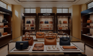 A luxurious Hermès boutique interior, showcasing elegant leather goods and accessories