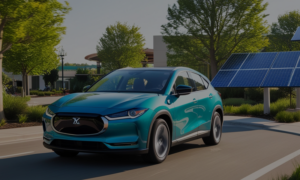 An electric car driving through a vibrant, eco-friendly urban setting with green trees and solar panels