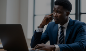 A young African professional, dressed in business attire, sitting at a desk looking at a laptop with a pensive expression, symbolizing the struggle for job opportunities amidst the economic crisis